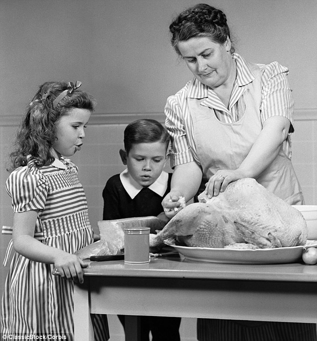 A Girl Watches As Her Mother Gets The Turkey Ready For Thanksgiving Dinner