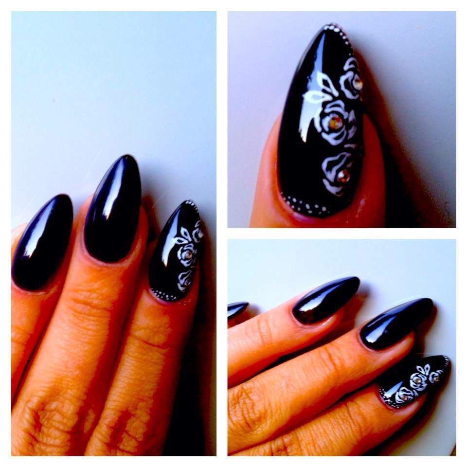 Black Almond Shaped Nails With Handpainted Roses I Love The Simplicity About