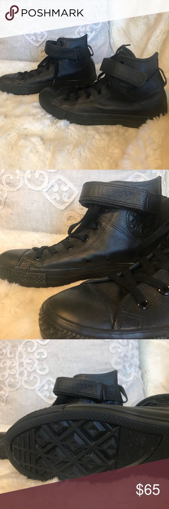 Black Leather Converse Black Leather High Top Converse Hardly Worn Converse Shoes Sneakers