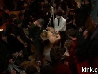Blonde Babe Hanging From Rope Bondage Fucked At High Class Party