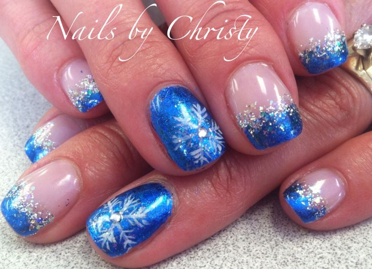 Blue Foil Sparkle Snowflake French Shellac Nails Christy Mane Tamers Mishawaka