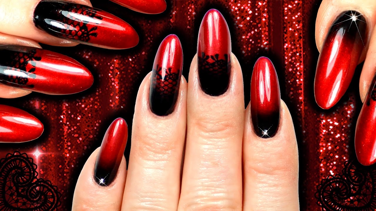 Burlesque Red And Black Lace Vampy Ombre Nail Art Sponge Gradient Nails