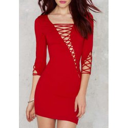 Chic Red Sleeve Cut Out Lace Up Bodycon Dress For Women
