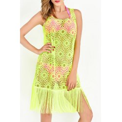Fashionable Scoop Neck Hollow Out Tassels Embellished Beach Dress For Women Fluorescent Yellow