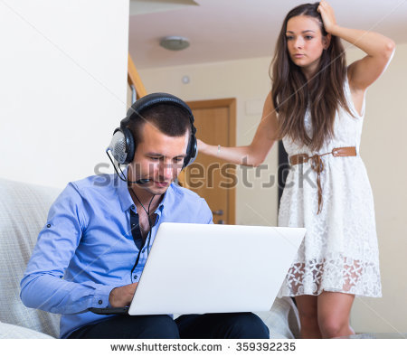 Furious Wife Catching Husband Watching Porn Stock Photo