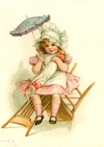 Girl Holds Doll Whilst Sitting On Upturned Chair Under Parasol