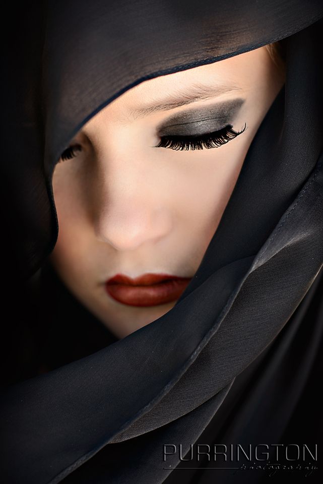 Glamour Fashion Fine Art Portrait Of Teen Woman Model With Black Scarf Red Lipstick Dark Eye