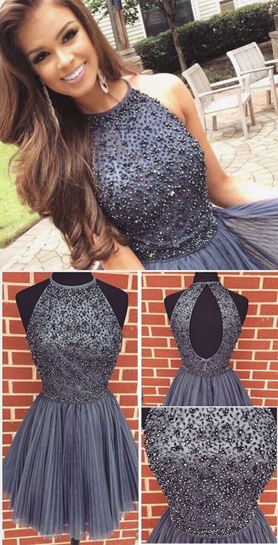 Halter Open Back Homecoming Dresses Simple Party Dresses Beaded Fashion Short Prom Dresses