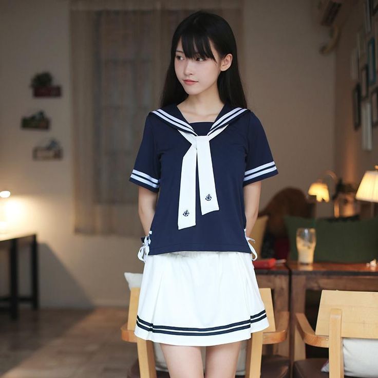 Japanese Sweet Navy White Sailor Piece School Uniform Shirt Skirt
