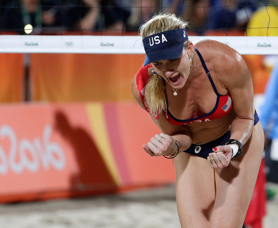 Kerri Walsh Jennings Reacts Playing With April Ross Of The United States During The Beach Volleyball