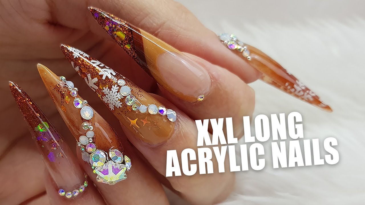 Long Acrylic Nails Colour Block Pre Pinched Tips Bronze Snowflakes Glitter Planet