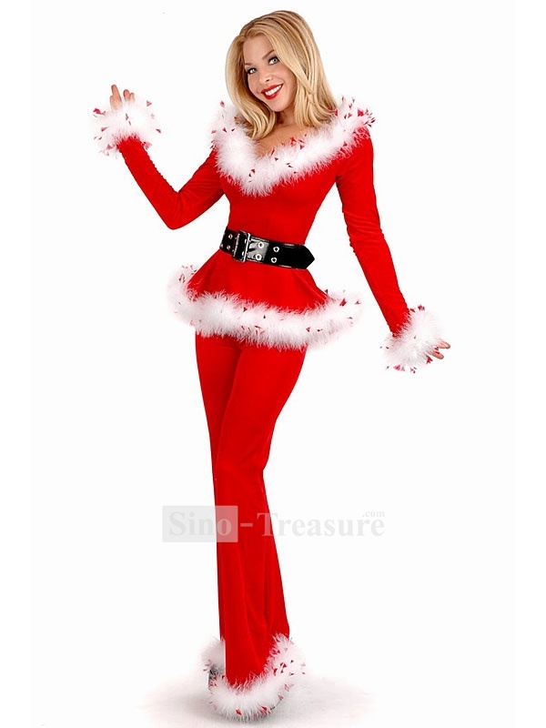 New Red And White Faux Rabbit Fur Wool Slim Christmas Sexy Santa Costumes