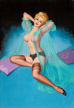 Pin Up And Glamour Art Earl Moran American Blonde In Aqua Negligee Signed Lower Right