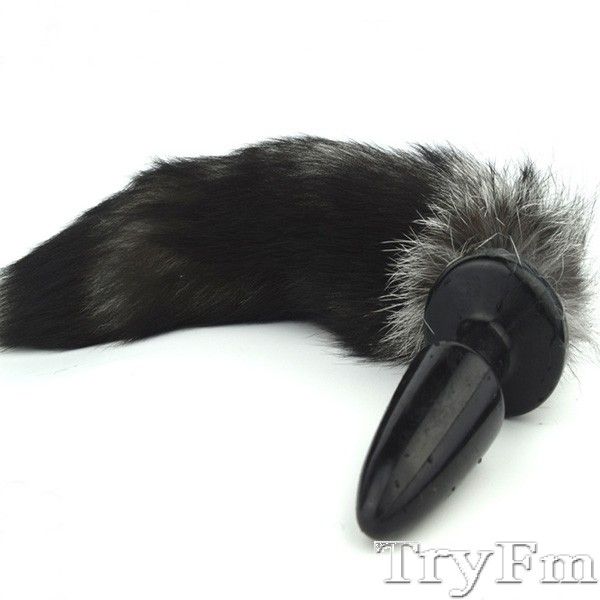 Promotion Nature Black Fox Tail With Black Silicone Butt Plug Free