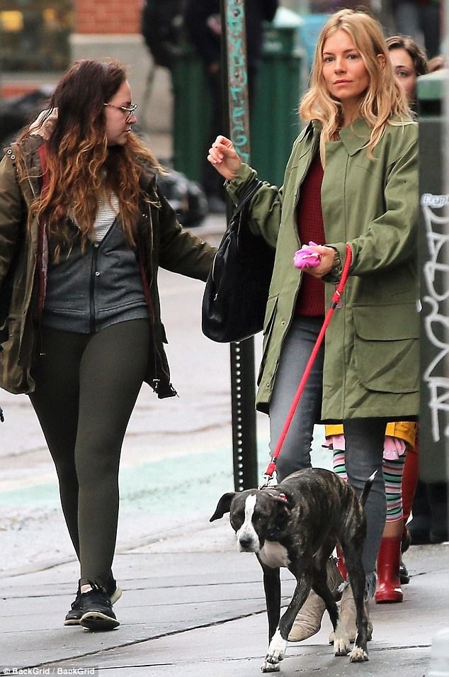 Rainy Day Sienna Miller Was Spotted Walking Her Dog With Five Year Old