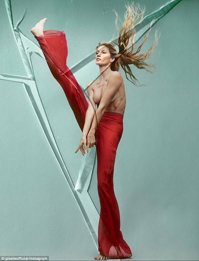Red Hot Gisele Bundchen Poses Topless And Kicks Her Leg High Up Into The Air