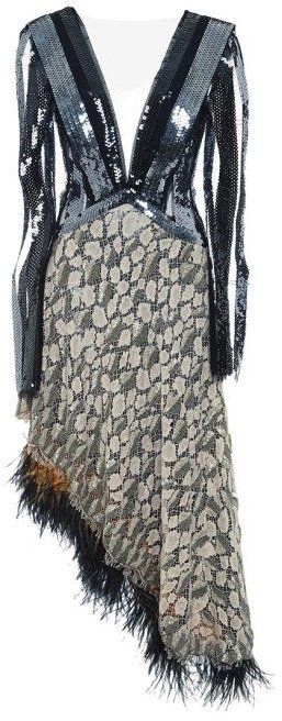Rodarte Sequin Striped Dress With Hand Dyed Feathers Multi