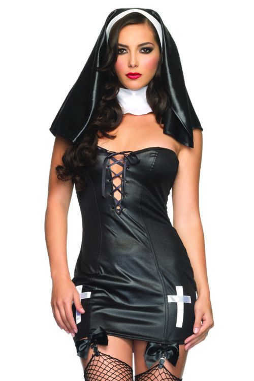Saintly Sinner Nun Costume Includes Garter Dress With Clear Straps Lace Up Front Collar