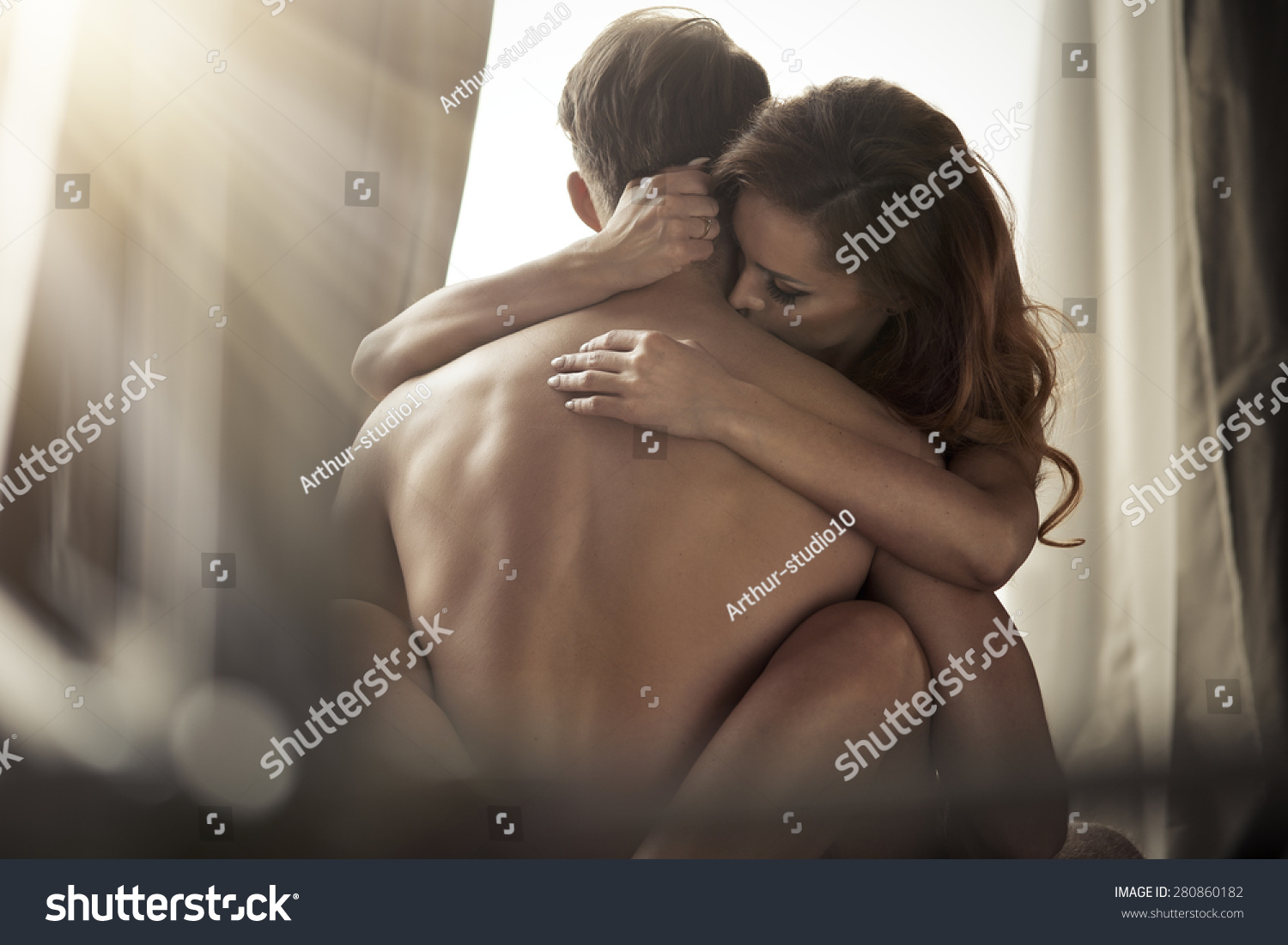 Sexy Young Couple Kissing Playing Bed Stock Photo