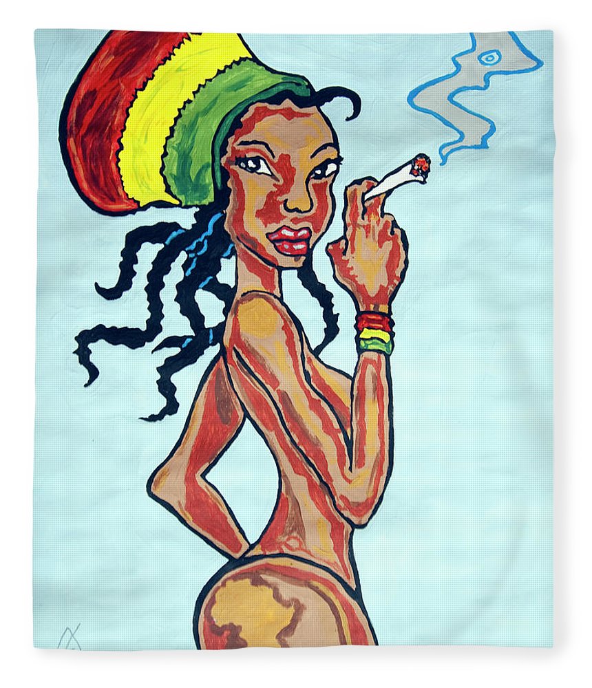 Smoking Rasta Woman Fleece Blanket Featuring The Painting Smoking Rasta Woman Stormm Bradshaw