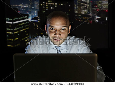Stock Photo Addict Businessman Alone At Night Sitting At Office Computer Laptop Watching Porn Online Gambling