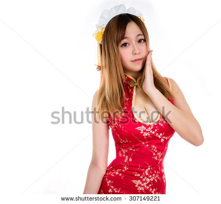 Stock Photo Asian Sexy Girl In Red Cheongsam With Dim Sum Basket Show Breast