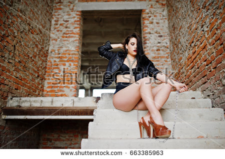 Stock Photo Brunette Plus Size Sexy Woman Wear At Black Leather Jacket Lace Panties Bra And High Heels With
