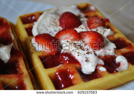 Stock Photo Delicious Waffles With Whipped Cream Strawberries Cocoa And Jam