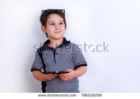 Stock Photo Dreamy Smiling Cute Boy With Smartphone In Hands Technology Mobile Apps Children And Parental