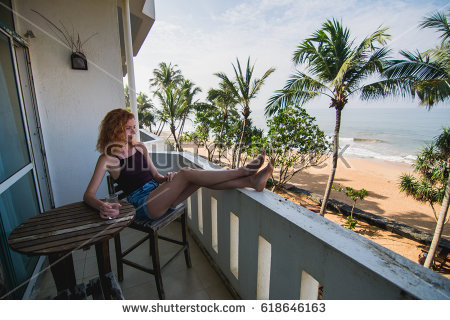 Stock Photo Girl Resting In A Hotel Room On The Balcony Tropical Sri Lanka