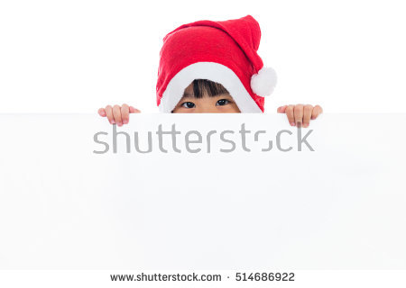 Stock Photo Happy Asian Chinese Little Santa Girl Peeking Behind Blank Board In Isolated Wihte Background
