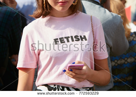 Stock Photo Milan September Woman With Pink Shirt With Fetish Writing Before Antonio Marras Fashion