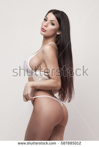 Stock Photo Pretty Brunette Woman Buttocks In The White Thong Long Hair Big Boobs