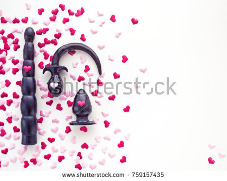 Stock Photo Various Rubber Sex Toys Dildo Butt Plug Are Arranged On A White Background With Red Hearts
