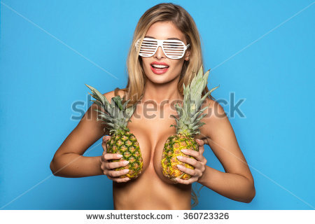 Stock Photo Young Sexy Woman Happy Smiling Only In Glasses Posing On Blue Background With Pineapple Who Cover