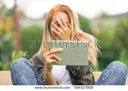 Stock Photo Young Woman Hiding His Smiling Face Because She Embarrassed Some Porn Video Or Another