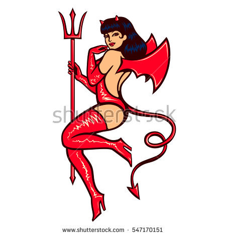 Stock Vector Sexy Vintage Pinup She Devil Girl Temptress In Erotic Red Latex Outfit With Pitchfork And Demon