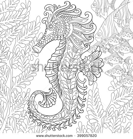 Stock Vector Zentangle Stylized Cartoon Seahorse And Tropical Fish Among Seaweed Hand Drawn Sketch For Adult