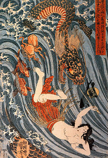 Tamatori Steals The Dragon Kings Jewel Woodblock Print Utagawa Kuniyoshi