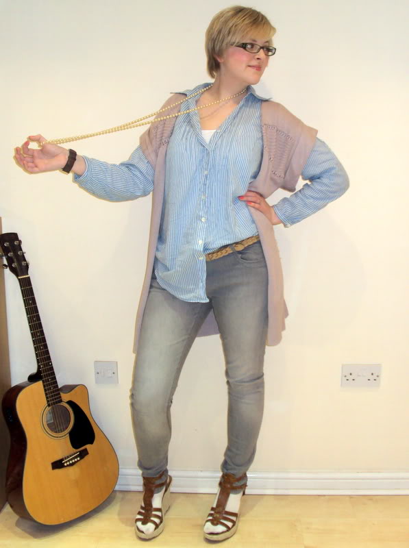 Topshop Jeans Thomas Pink Shirt New Look Wedges Thrifted Cardigan Belt Vintage Pearls 1