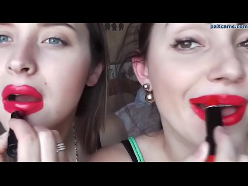 Two Girls Messy Red Lipstick Kissing Com