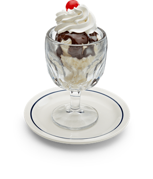 Vanilla Ice Cream With Hot Fudge Whipped Topping And A Cherry On The Dessert Menu