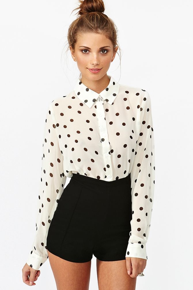 White Button Up With Black Polka Dots High Waisted Shorts